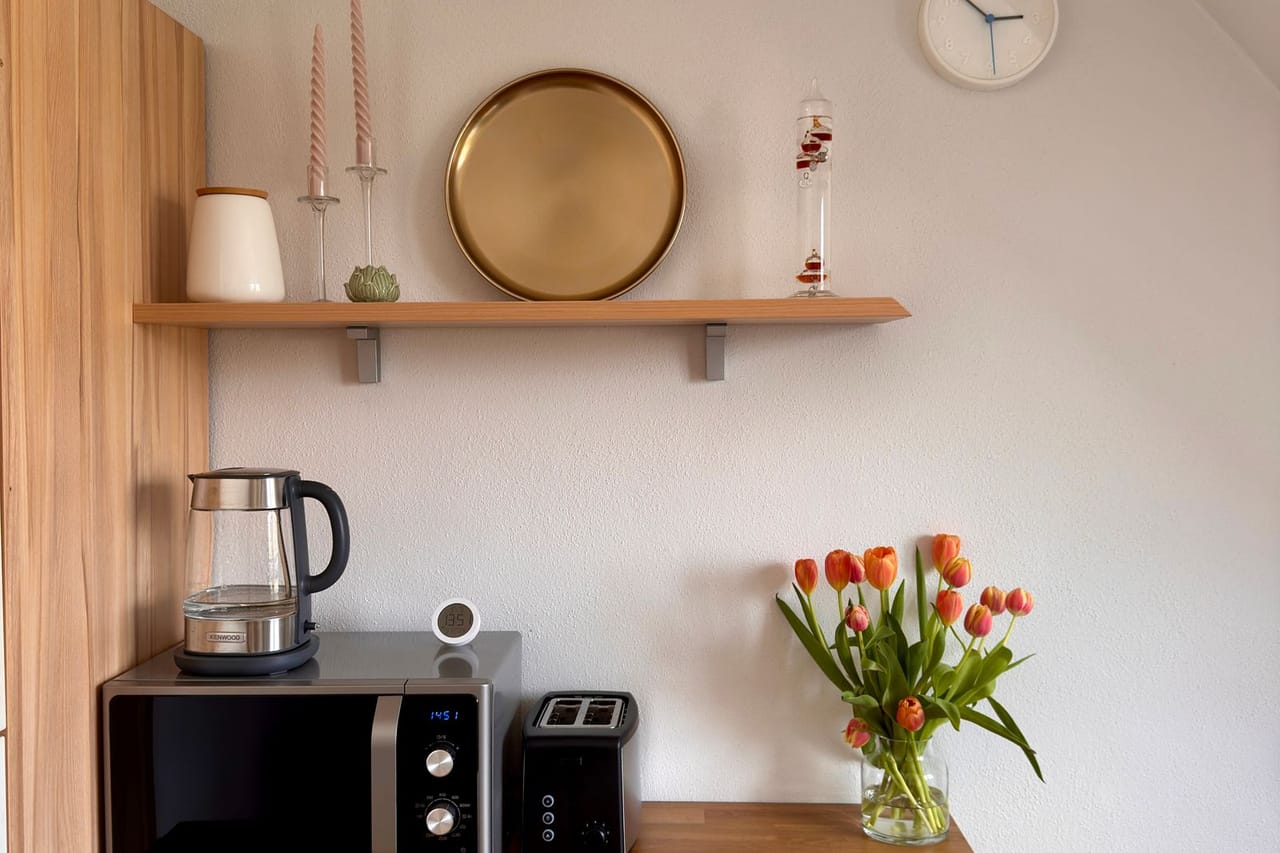Appliance repair Peoria AZ: Modern kitchen counter with tulips and appliances