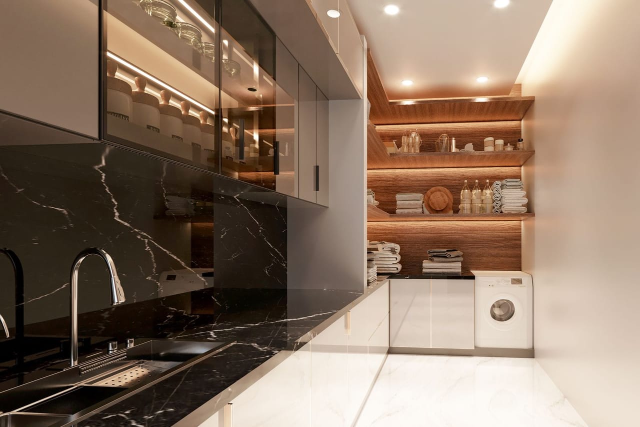 Appliance repair Rock Island IL: Modern laundry room with elegant marble countertops