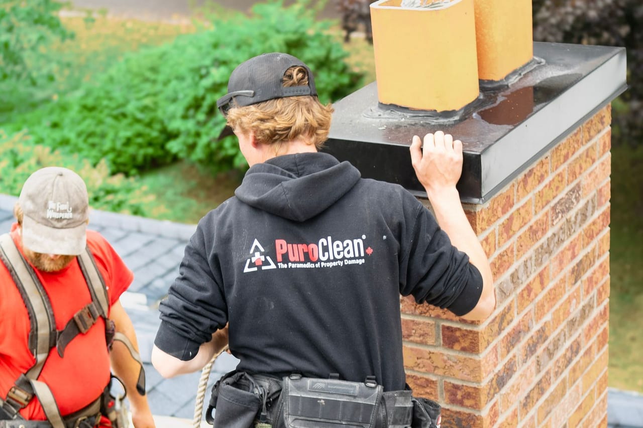 Chimney inspection: Professional chimney inspection on rooftop