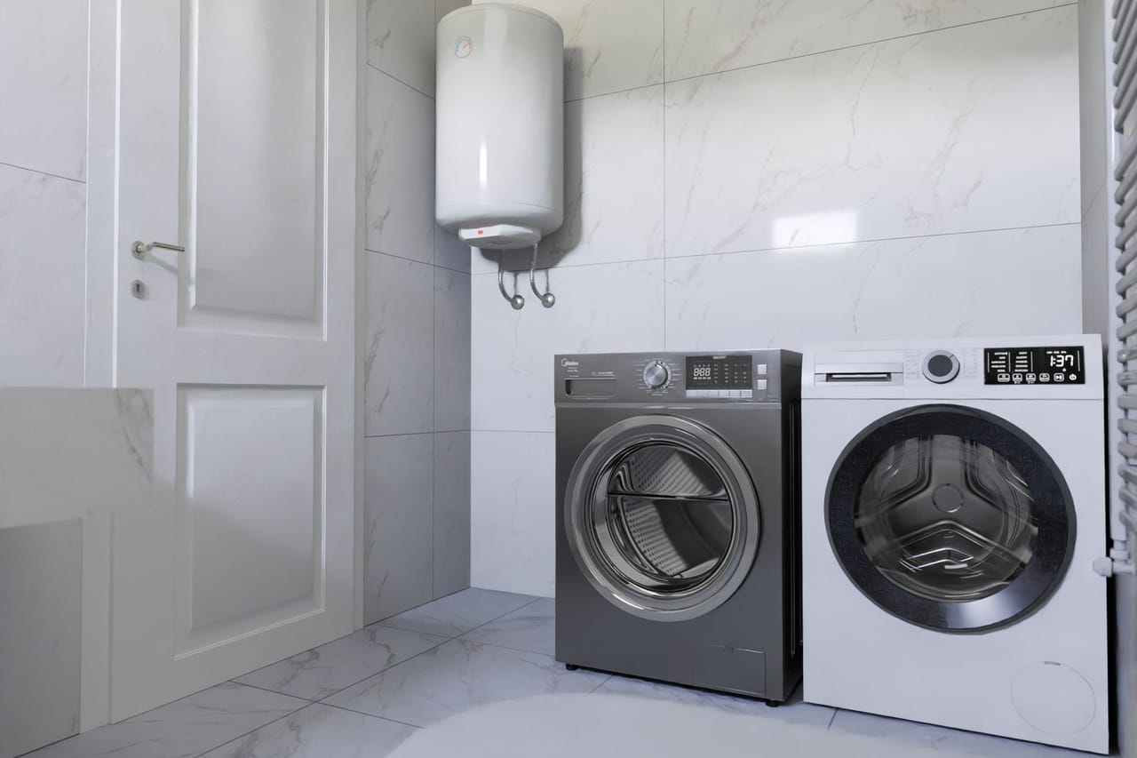 Dehumidifier smells like mildew: Modern laundry room with washer and dryer