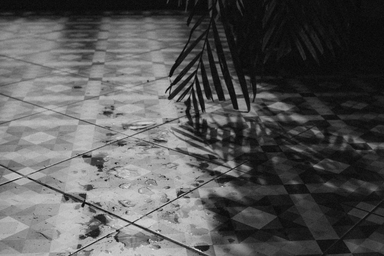 Hardwood floor water damage: Water spill on floor tiles