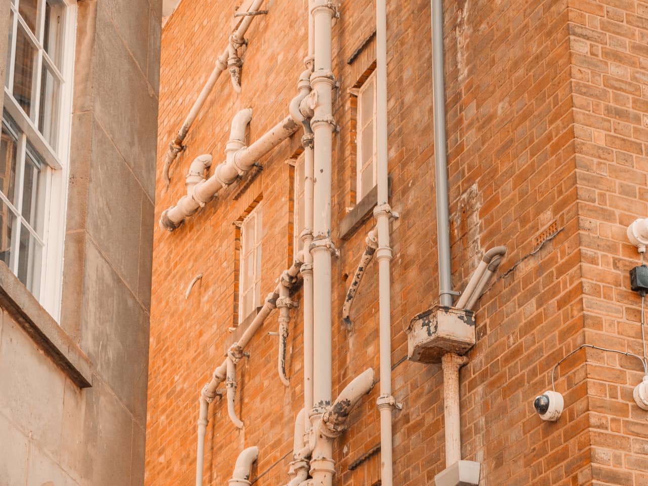 How to use a drain snake: pipes running up a brick wall beside a shower