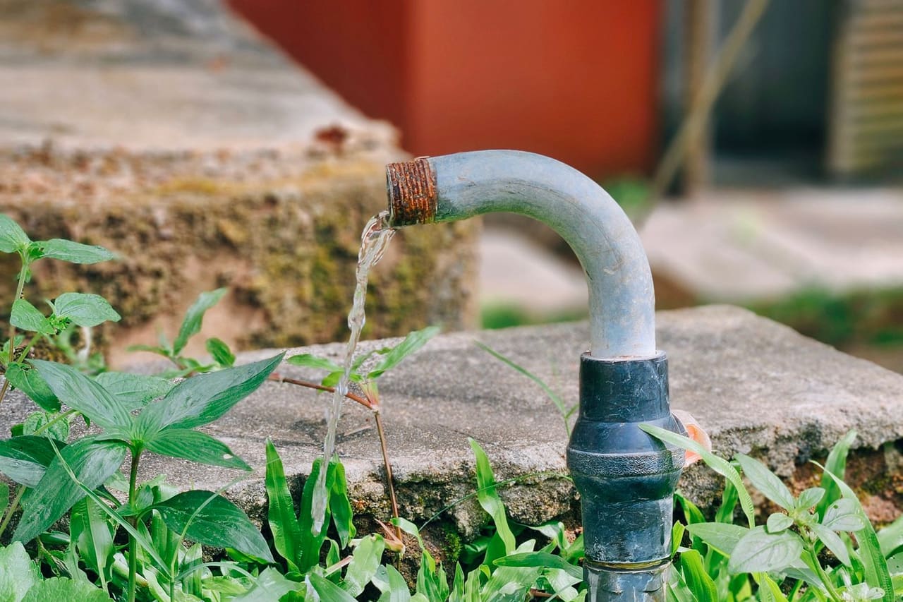 Water heater maintenance cost: Flowing water pipe amidst greenery outdoors