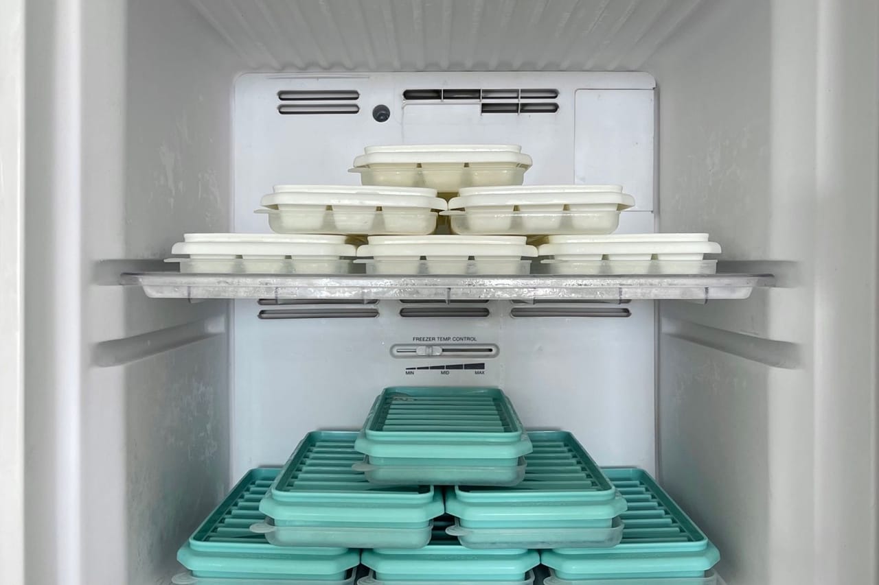 What temperature should a freezer be: Neatly organized ice trays in freezer
