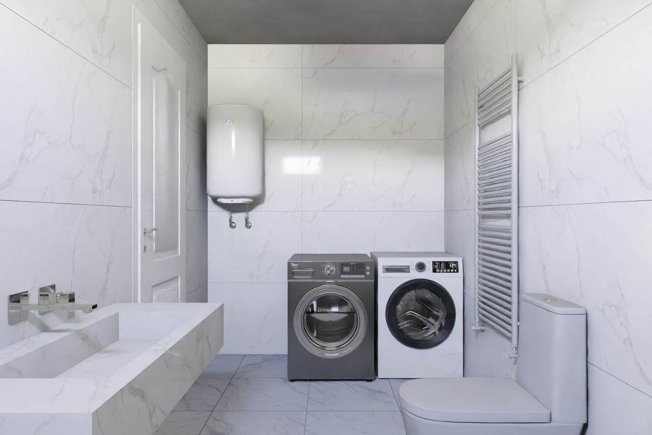 Plumber Spartanburg SC: Modern bathroom with laundry appliances and minimalist decor