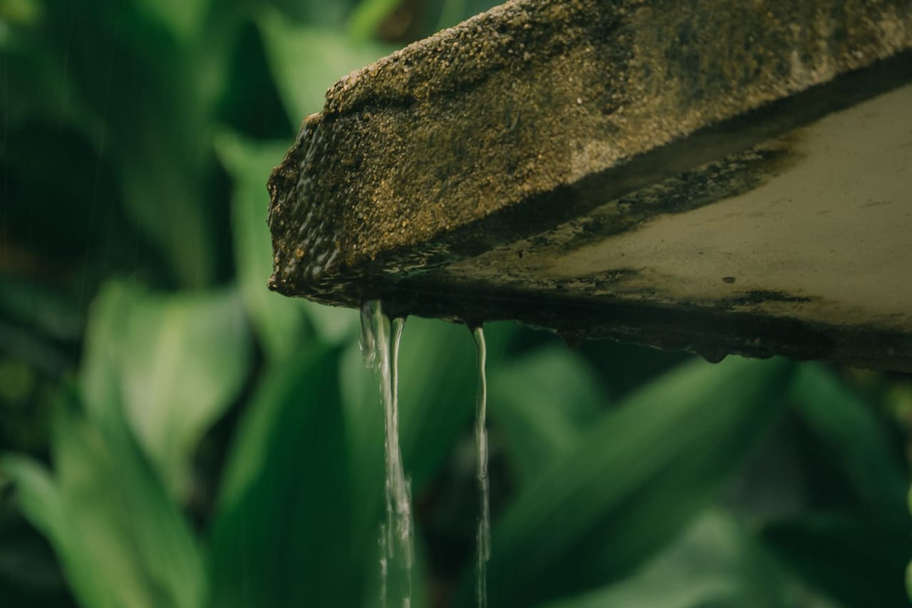 Roof repair Charlottesville VA: Tropical rainwater dripping from concrete roof
