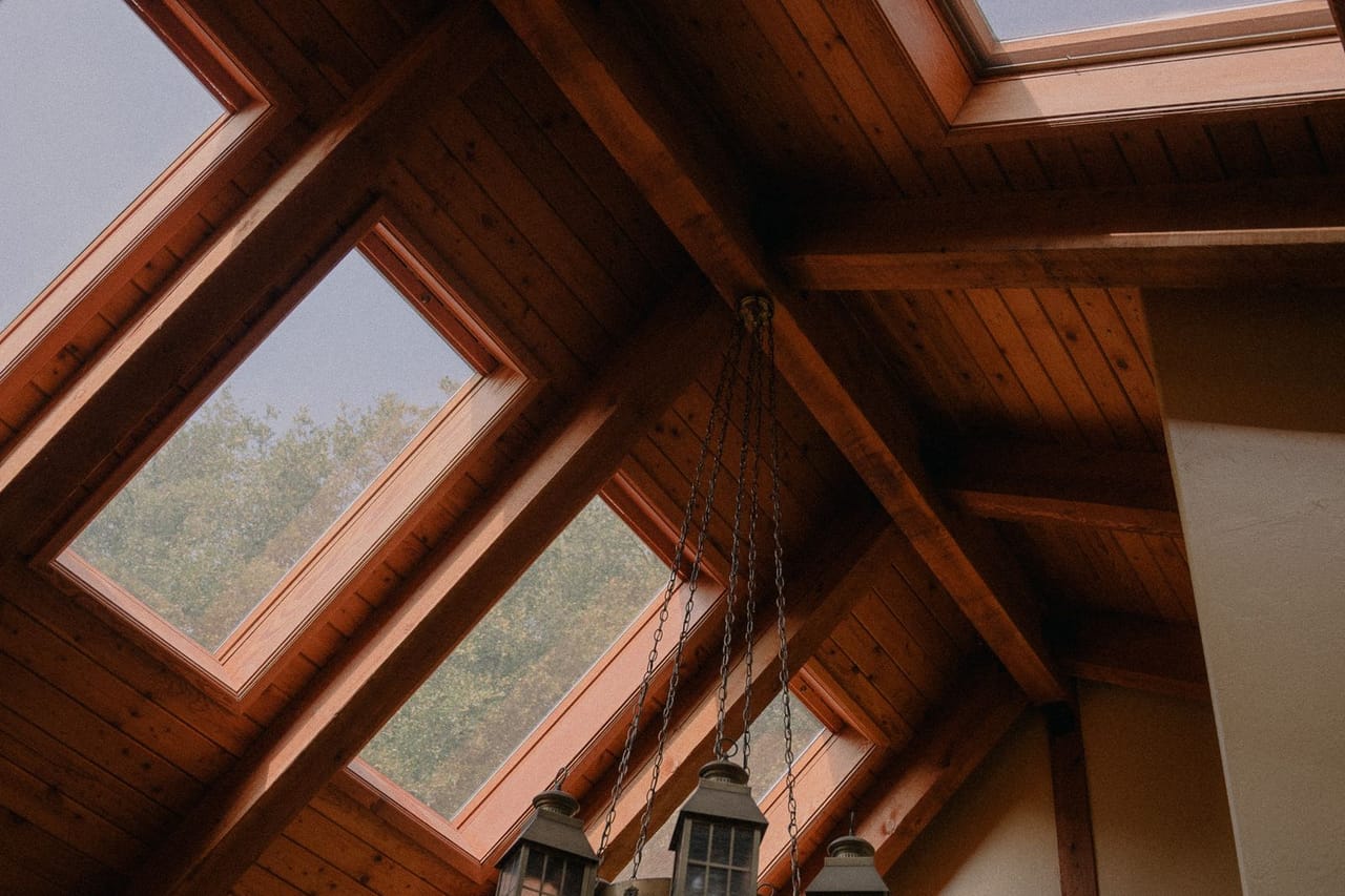 Roof repair Vancouver WA: Skylights on a wooden ceiling